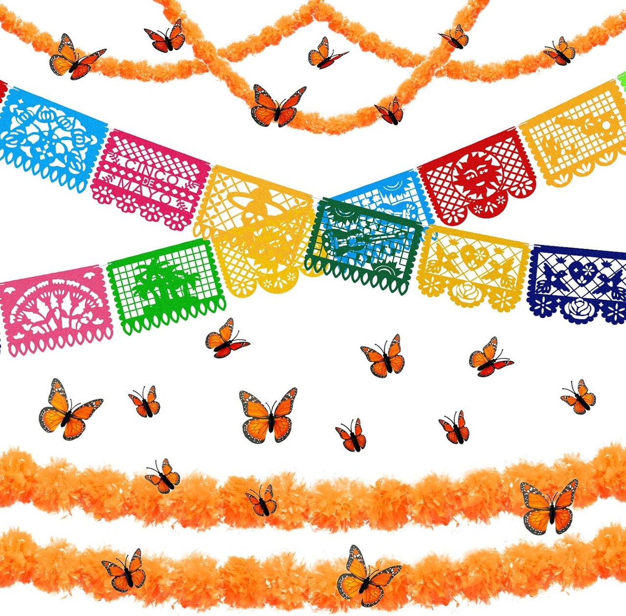 Day of The Dead Decor with 24 Pcs Monarch Butterfly 3 Artificial Marigold Flowers (Orange, Red, Green, Blue)